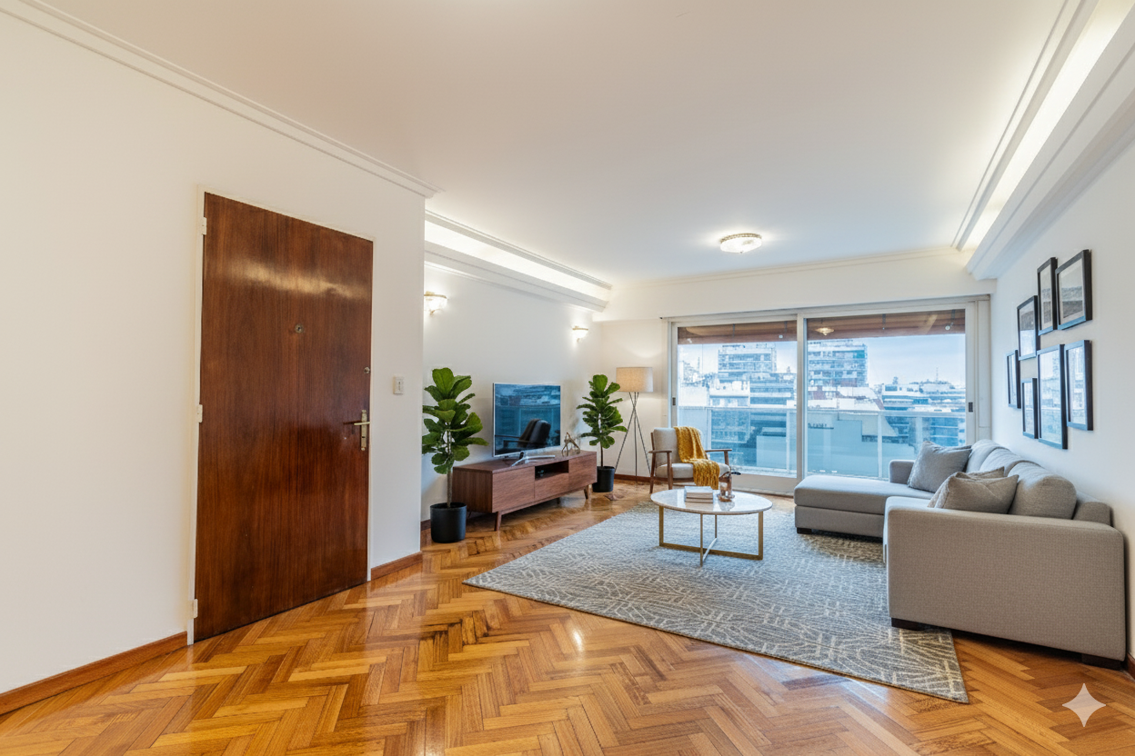 Living luminoso de departamento en venta para nota sobre propiedad mal tasada