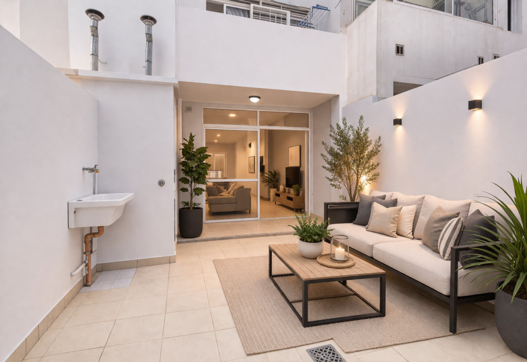 Patio luminoso y preparado para una visita inmobiliaria.